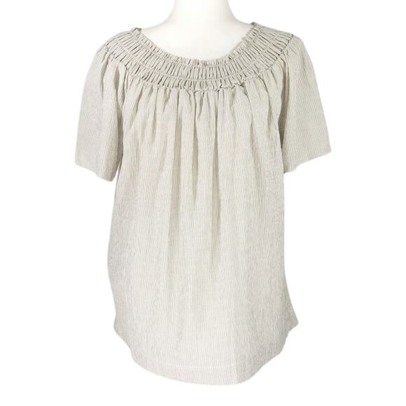 NWT A New Day Short Sleeve Smocked Yoke Top Sz. M Olive Green Stripe Cottagecore - Picture 4 of 12